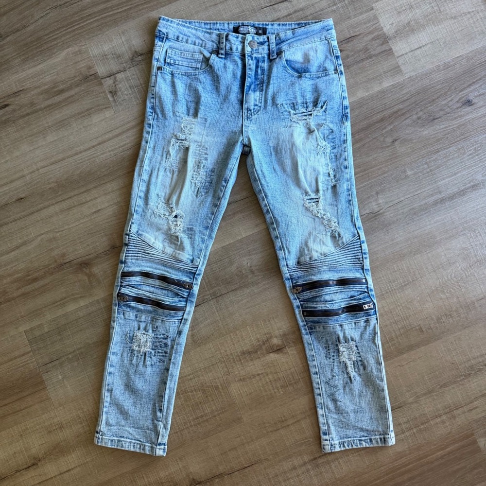 GS115 Hyper Force Denim Mens Moto Jeans Light Wash Distressed Zippers Size 16